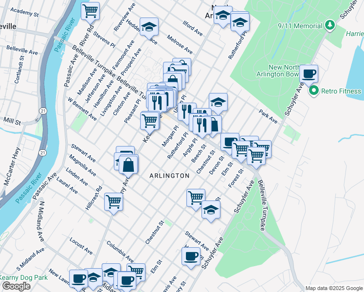 map of restaurants, bars, coffee shops, grocery stores, and more near 93 Seeley Avenue in Kearny