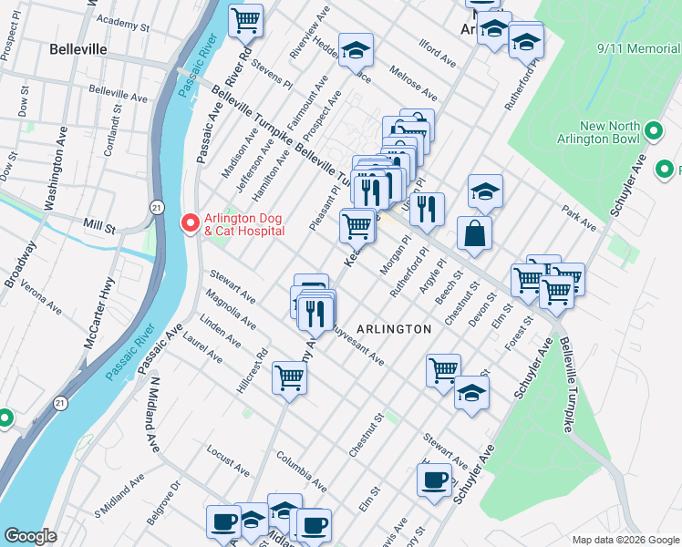 map of restaurants, bars, coffee shops, grocery stores, and more near 790 Kearny Avenue in Kearny