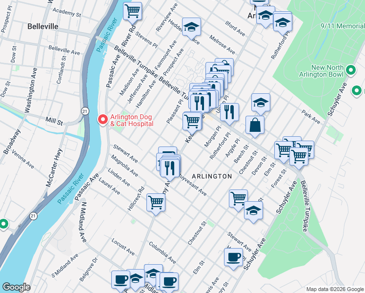map of restaurants, bars, coffee shops, grocery stores, and more near 790 Kearny Avenue in Kearny