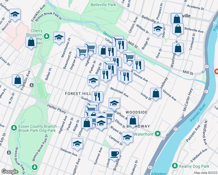 map of restaurants, bars, coffee shops, grocery stores, and more near 176 Montclair Avenue in Newark