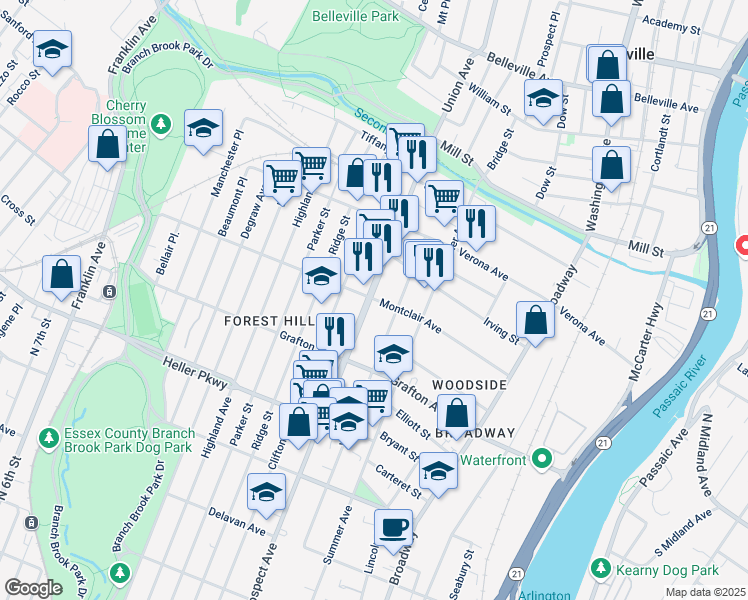 map of restaurants, bars, coffee shops, grocery stores, and more near 176 Montclair Avenue in Newark