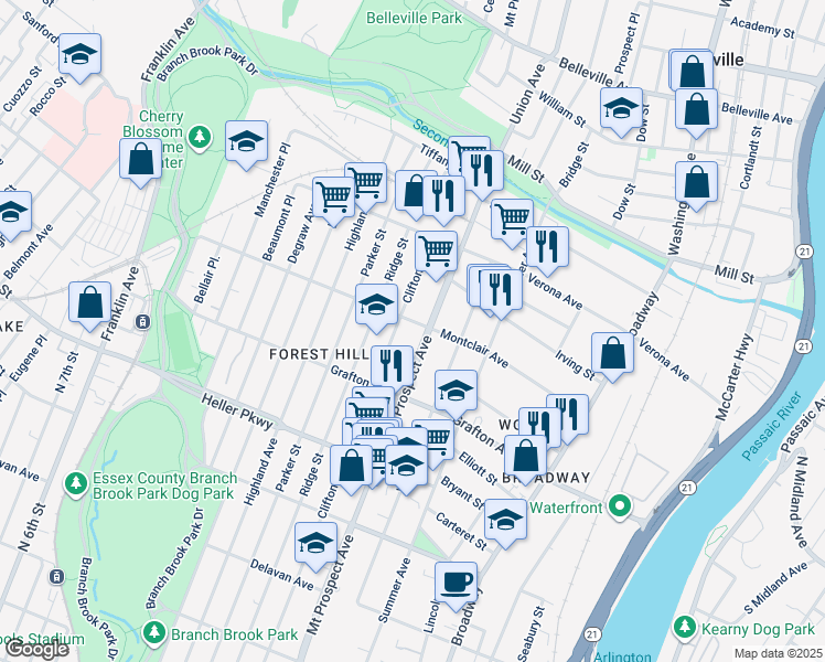 map of restaurants, bars, coffee shops, grocery stores, and more near 780 Mount Prospect Avenue in Newark