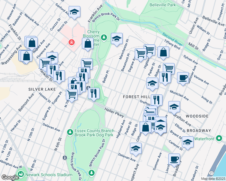 map of restaurants, bars, coffee shops, grocery stores, and more near 84 Forest Hill Parkway in Newark