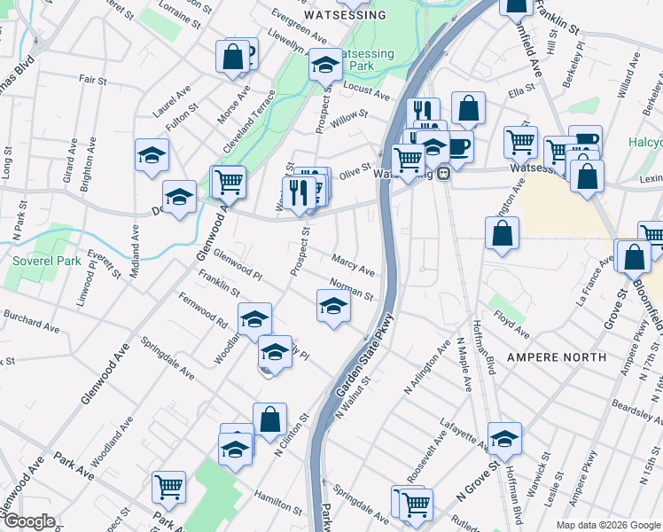map of restaurants, bars, coffee shops, grocery stores, and more near 112 Norman Street in East Orange