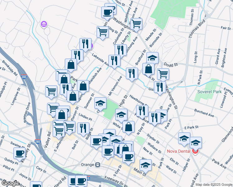 map of restaurants, bars, coffee shops, grocery stores, and more near 206 Baldwin Terrace in City of Orange
