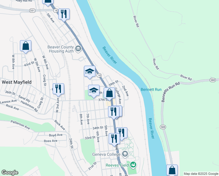 map of restaurants, bars, coffee shops, grocery stores, and more near 3803 4th Avenue in Beaver Falls