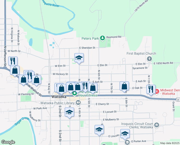 map of restaurants, bars, coffee shops, grocery stores, and more near 315 East Hickory Street in Watseka
