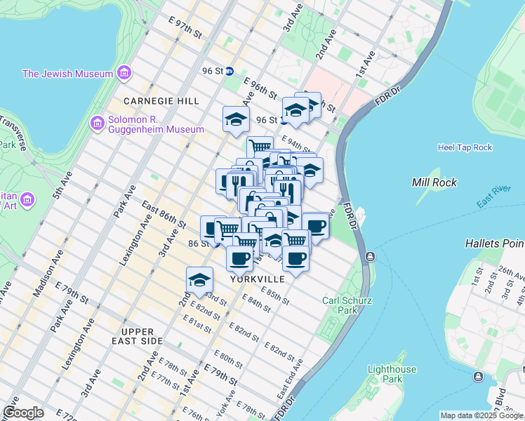 map of restaurants, bars, coffee shops, grocery stores, and more near 323 East 89th Street in New York