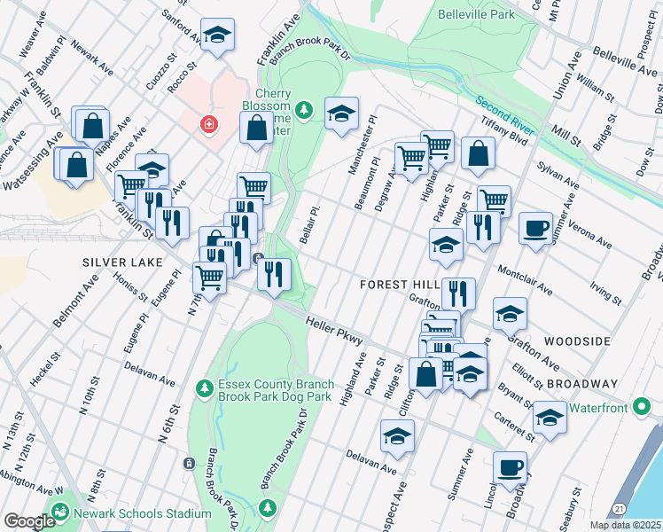 map of restaurants, bars, coffee shops, grocery stores, and more near 84 Forest Hill Parkway in Newark