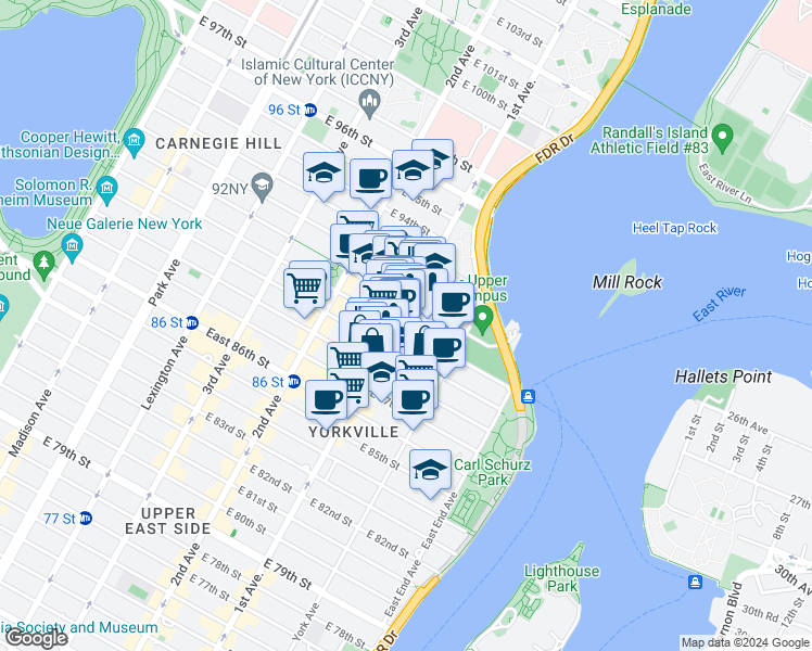 map of restaurants, bars, coffee shops, grocery stores, and more near 401 East 90th Street in New York