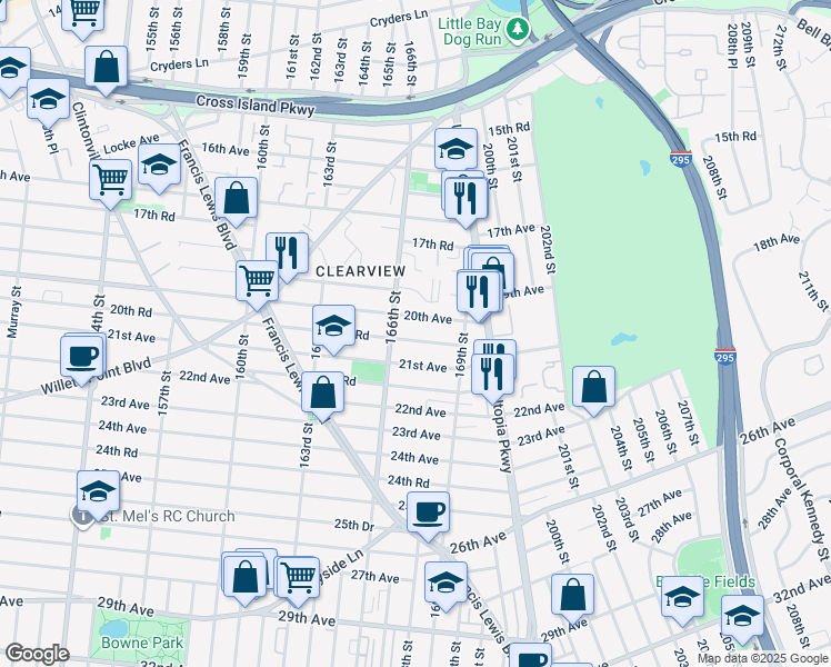 map of restaurants, bars, coffee shops, grocery stores, and more near 166-16 20th Road in Queens