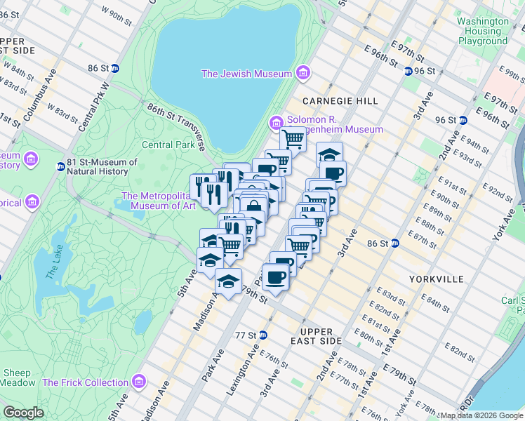 map of restaurants, bars, coffee shops, grocery stores, and more near 445 Park Avenue in New York