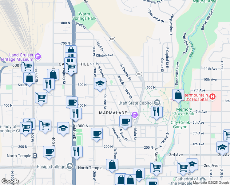 map of restaurants, bars, coffee shops, grocery stores, and more near 438 Center Street in Salt Lake City
