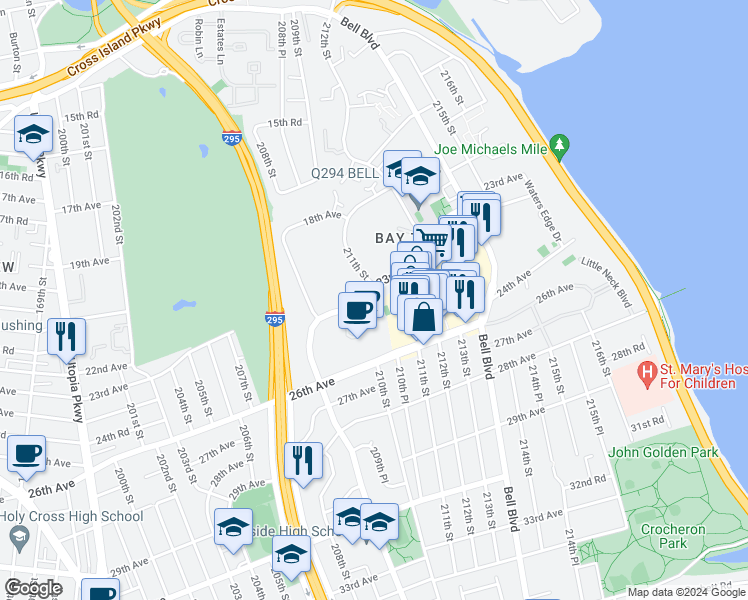 map of restaurants, bars, coffee shops, grocery stores, and more near 210-24 23rd Avenue in Queens