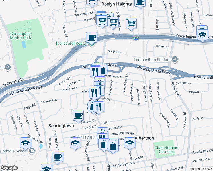 map of restaurants, bars, coffee shops, grocery stores, and more near 23 Harvard Street in Roslyn Heights