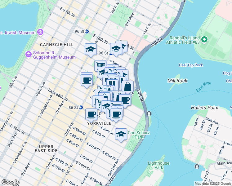map of restaurants, bars, coffee shops, grocery stores, and more near 402 East 90th Street in New York