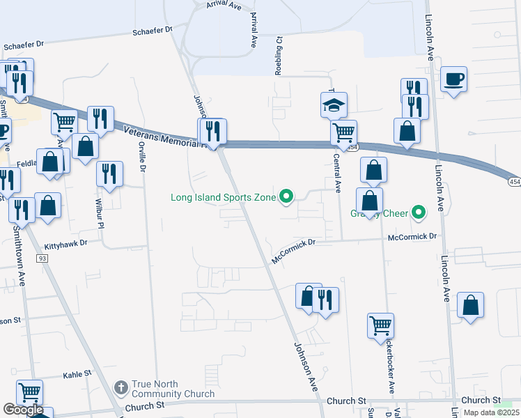 map of restaurants, bars, coffee shops, grocery stores, and more near 10 Aero Road in Bohemia