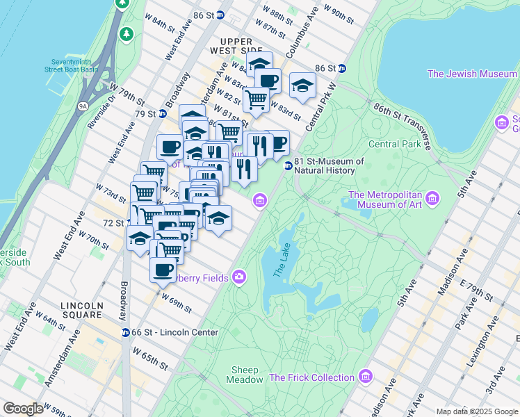 map of restaurants, bars, coffee shops, grocery stores, and more near 2 West 77th Street in New York