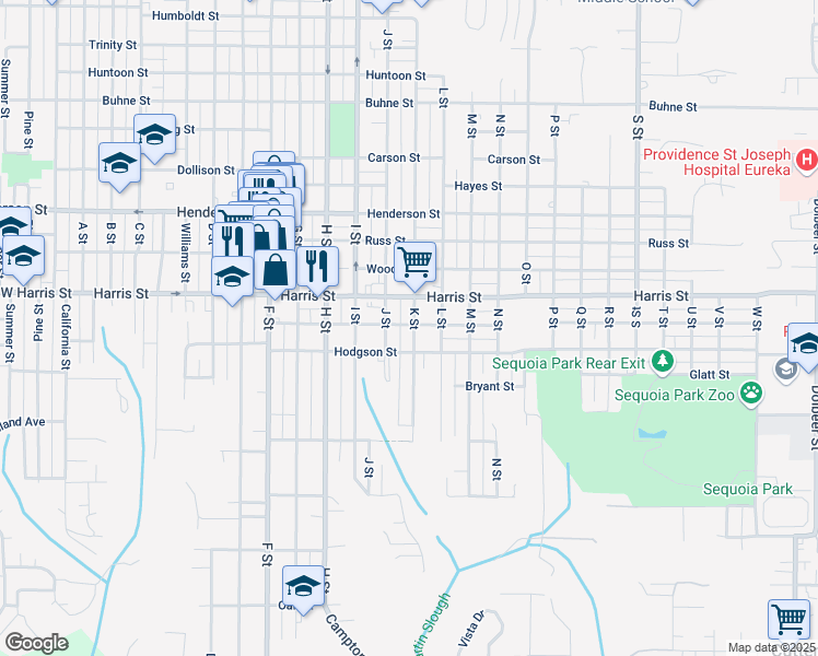 map of restaurants, bars, coffee shops, grocery stores, and more near 3204 K Street in Eureka