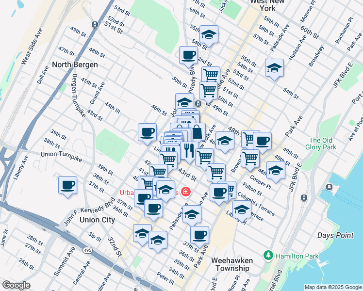 map of restaurants, bars, coffee shops, grocery stores, and more near in Union City