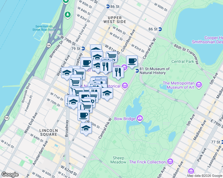 map of restaurants, bars, coffee shops, grocery stores, and more near 22 West 76th Street in New York