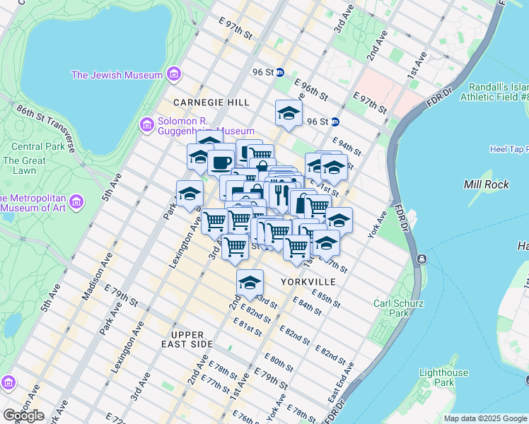 map of restaurants, bars, coffee shops, grocery stores, and more near 230 East 88th Street in New York