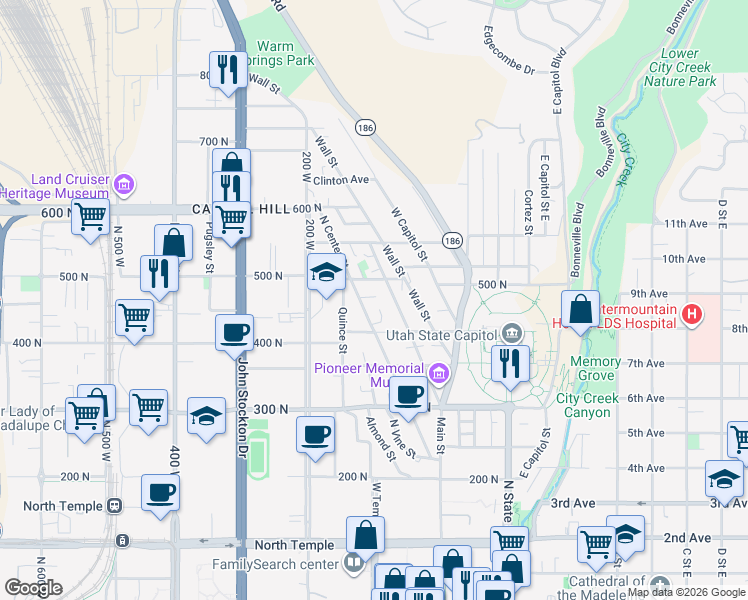 map of restaurants, bars, coffee shops, grocery stores, and more near 438 North Center Street in Salt Lake City