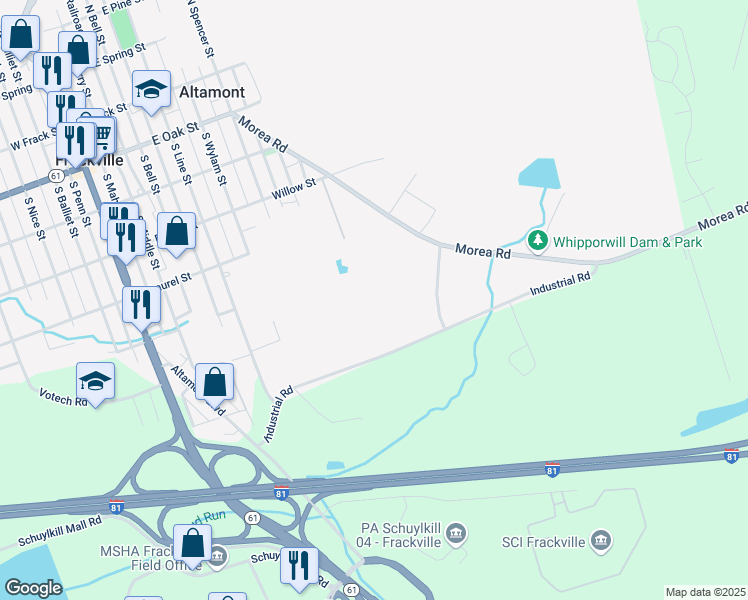 map of restaurants, bars, coffee shops, grocery stores, and more near 9 Industrial Road in Frackville