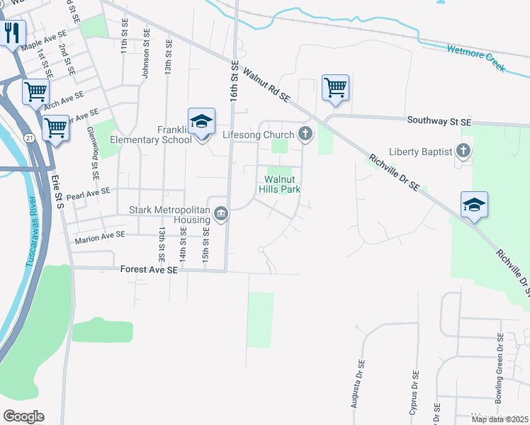 map of restaurants, bars, coffee shops, grocery stores, and more near 1723 Shawnee Avenue Southeast in Massillon