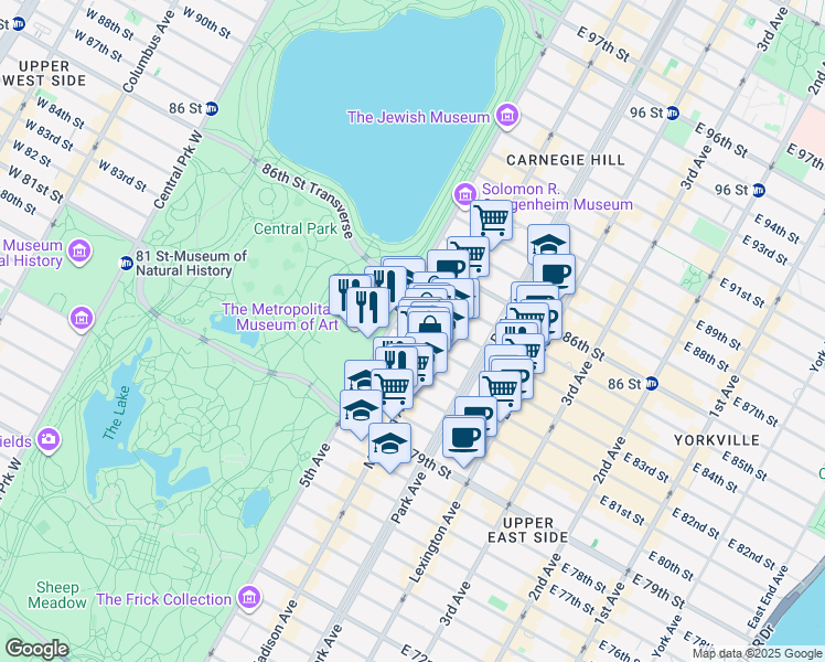 map of restaurants, bars, coffee shops, grocery stores, and more near 445 Park Avenue in New York