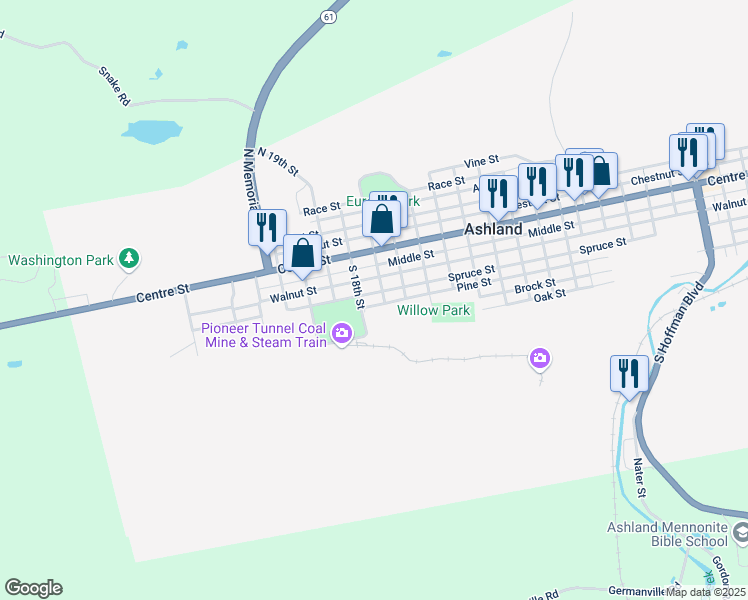map of restaurants, bars, coffee shops, grocery stores, and more near 1712 Spruce Street in Ashland