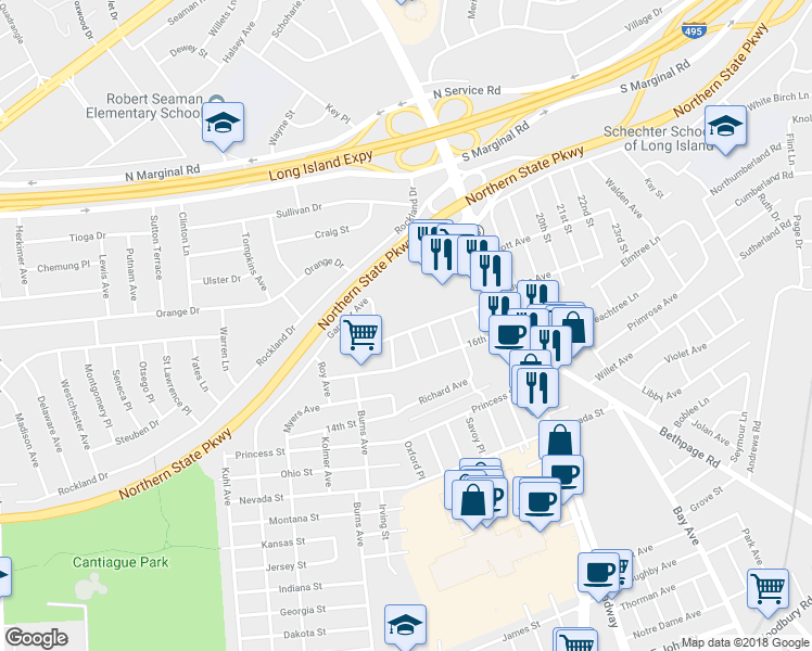 map of restaurants, bars, coffee shops, grocery stores, and more near 54 17th Street in Jericho