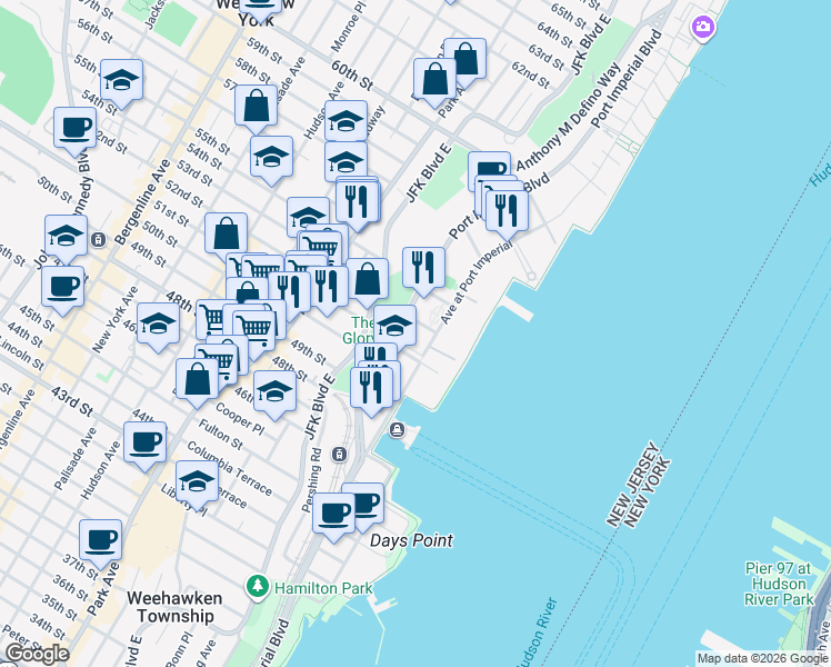 map of restaurants, bars, coffee shops, grocery stores, and more near 24a Avenue at Port Imperial in West New York