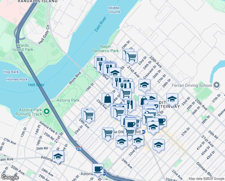 map of restaurants, bars, coffee shops, grocery stores, and more near 22-18 23rd Street in Queens