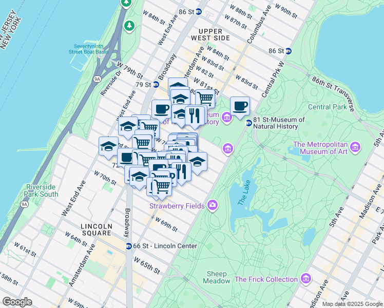 map of restaurants, bars, coffee shops, grocery stores, and more near 58 West 75th Street in New York