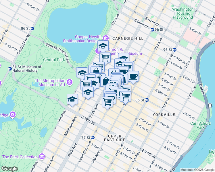 map of restaurants, bars, coffee shops, grocery stores, and more near Park Ave & E 85th St in New York