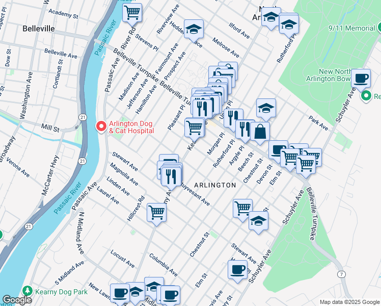 map of restaurants, bars, coffee shops, grocery stores, and more near 790 Kearny Avenue in Kearny