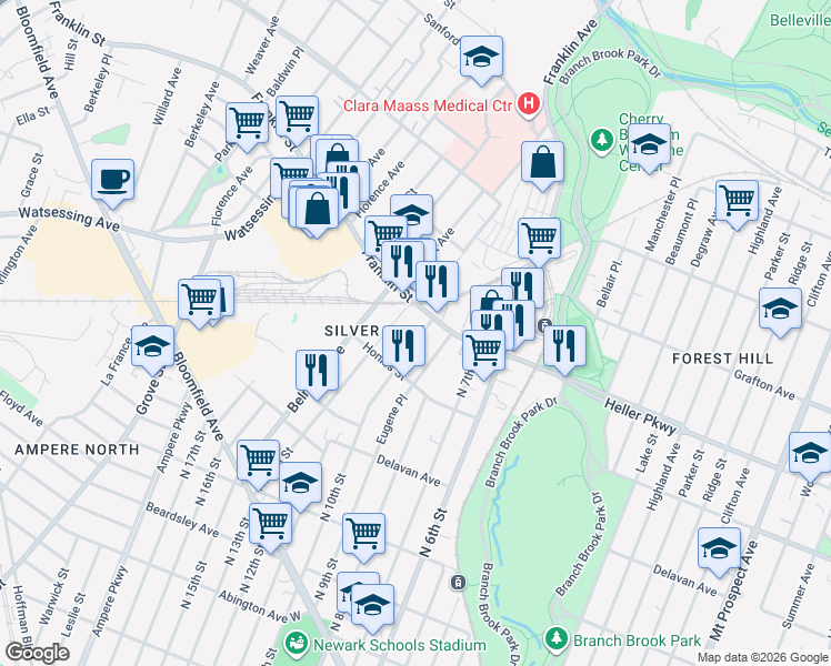 map of restaurants, bars, coffee shops, grocery stores, and more near 61 Eugene Place in Belleville
