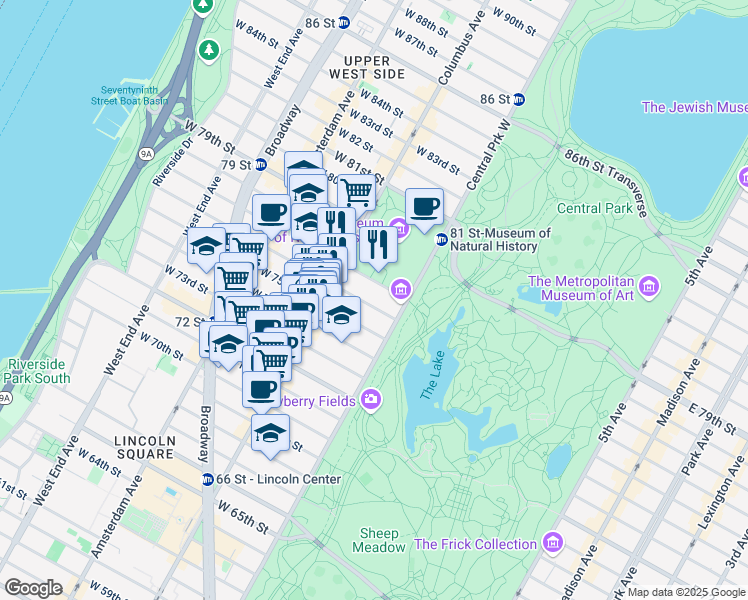 map of restaurants, bars, coffee shops, grocery stores, and more near 22 West 76th Street in New York