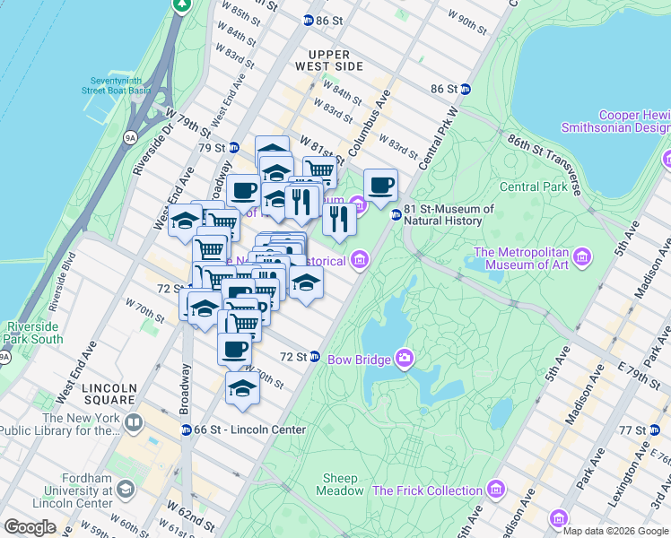 map of restaurants, bars, coffee shops, grocery stores, and more near 17 West 76th Street in New York