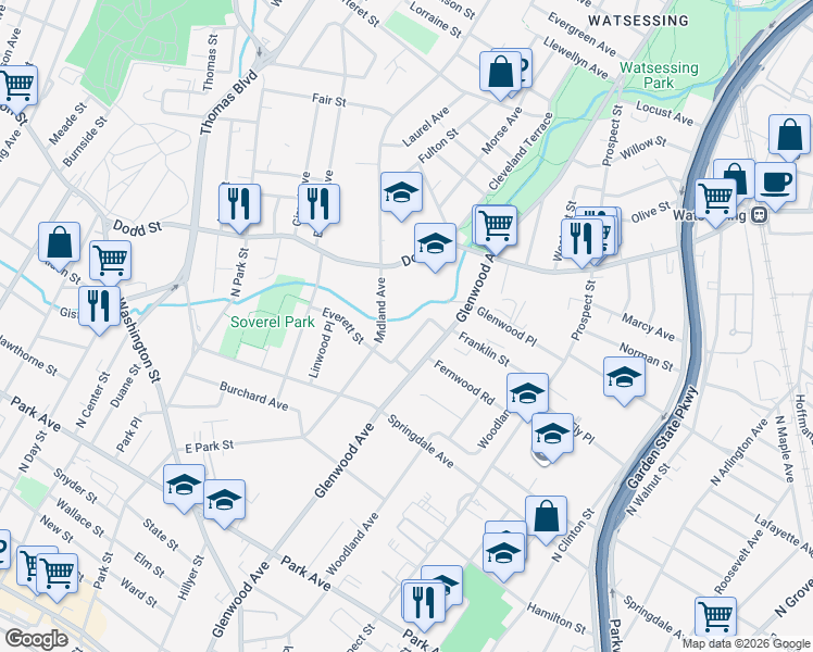 map of restaurants, bars, coffee shops, grocery stores, and more near 21 Crescent Road in East Orange