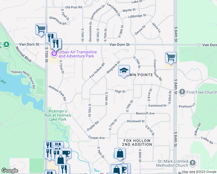 map of restaurants, bars, coffee shops, grocery stores, and more near 3311 South 76th Street in Lincoln