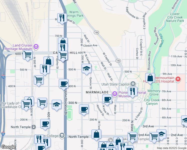 map of restaurants, bars, coffee shops, grocery stores, and more near 426 Quince Street in Salt Lake City