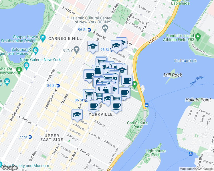 map of restaurants, bars, coffee shops, grocery stores, and more near 336 East 90th Street in New York