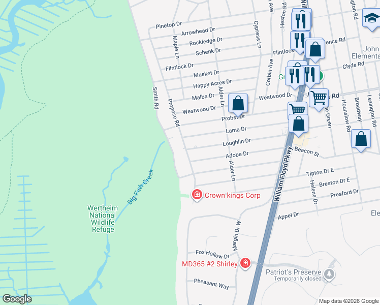 map of restaurants, bars, coffee shops, grocery stores, and more near 7 Adobe Drive in Shirley
