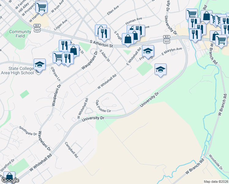 map of restaurants, bars, coffee shops, grocery stores, and more near 113-117 Oak Pointe Circle in State College