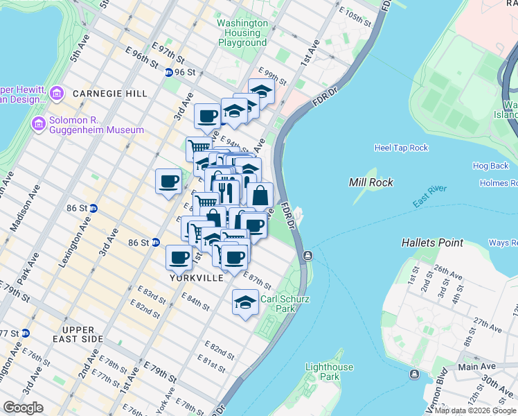 map of restaurants, bars, coffee shops, grocery stores, and more near 1755 York Avenue in New York