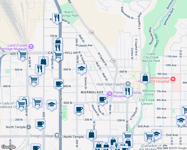 map of restaurants, bars, coffee shops, grocery stores, and more near 424 North Center Street in Salt Lake City