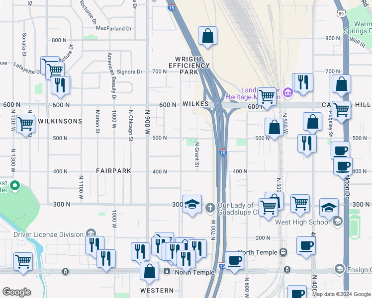 map of restaurants, bars, coffee shops, grocery stores, and more near 448 North 8th West in Salt Lake City