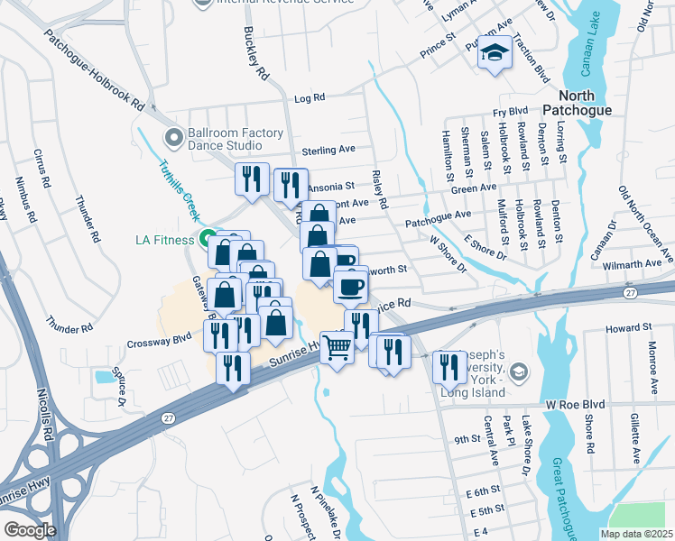 map of restaurants, bars, coffee shops, grocery stores, and more near 440 Waverly Avenue in Patchogue